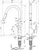 Küchenarmatur von Ideal Standard mit zweifacher Brausefunktion und aufgesetztem Auslauf in gebürstetem Gold, detaillierte technische Zeichnung mit Abmessungen und Installationshinweisen.